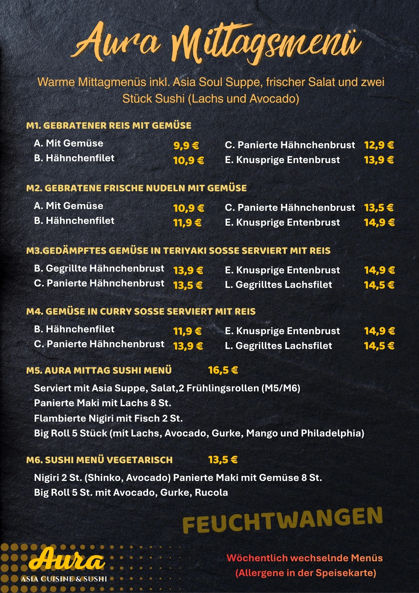 Aura Mittagsmenü Übersicht – warme Gerichte und Sushi